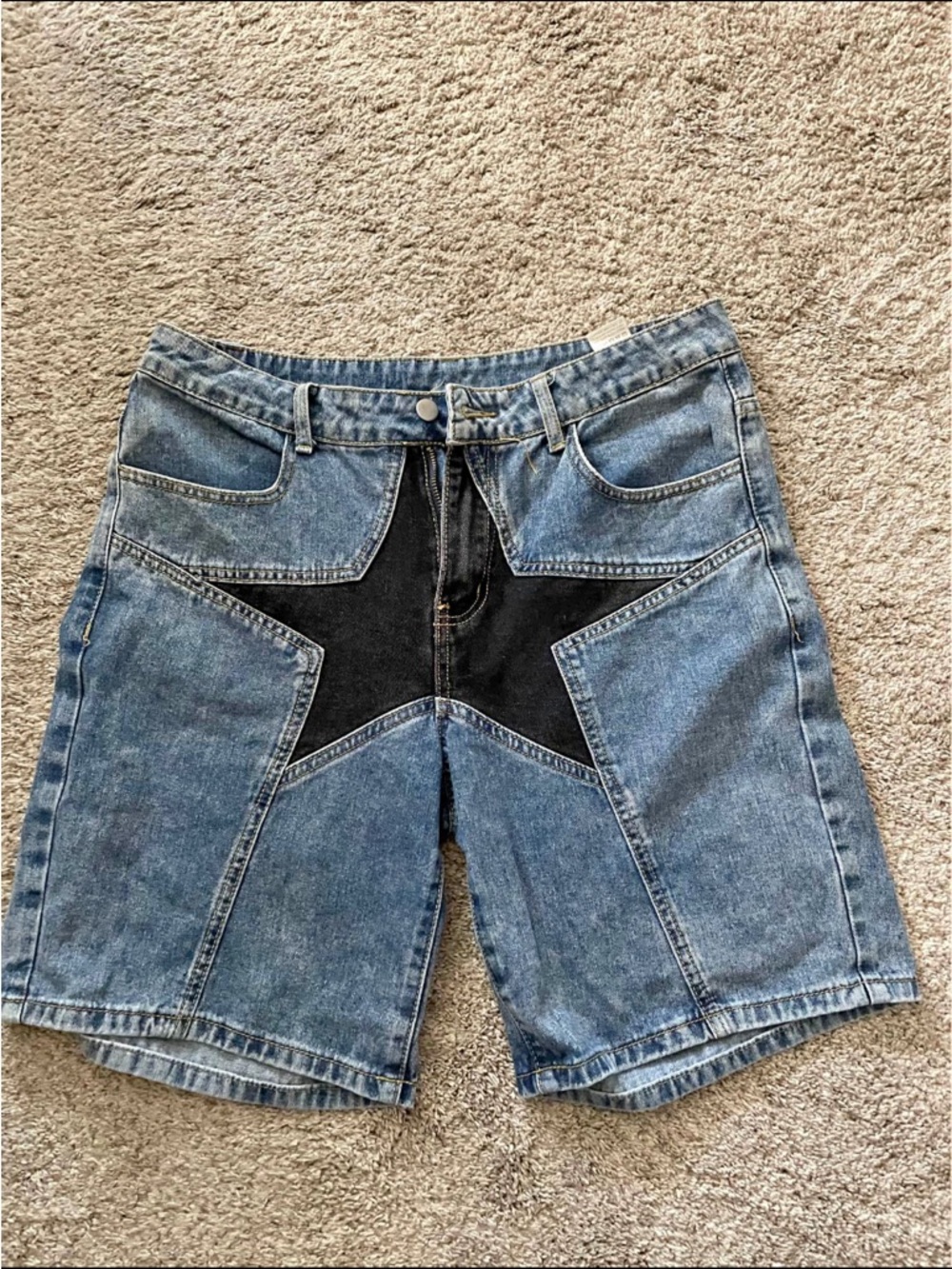 Men's Blue Denim Shorts with Black Star Panel